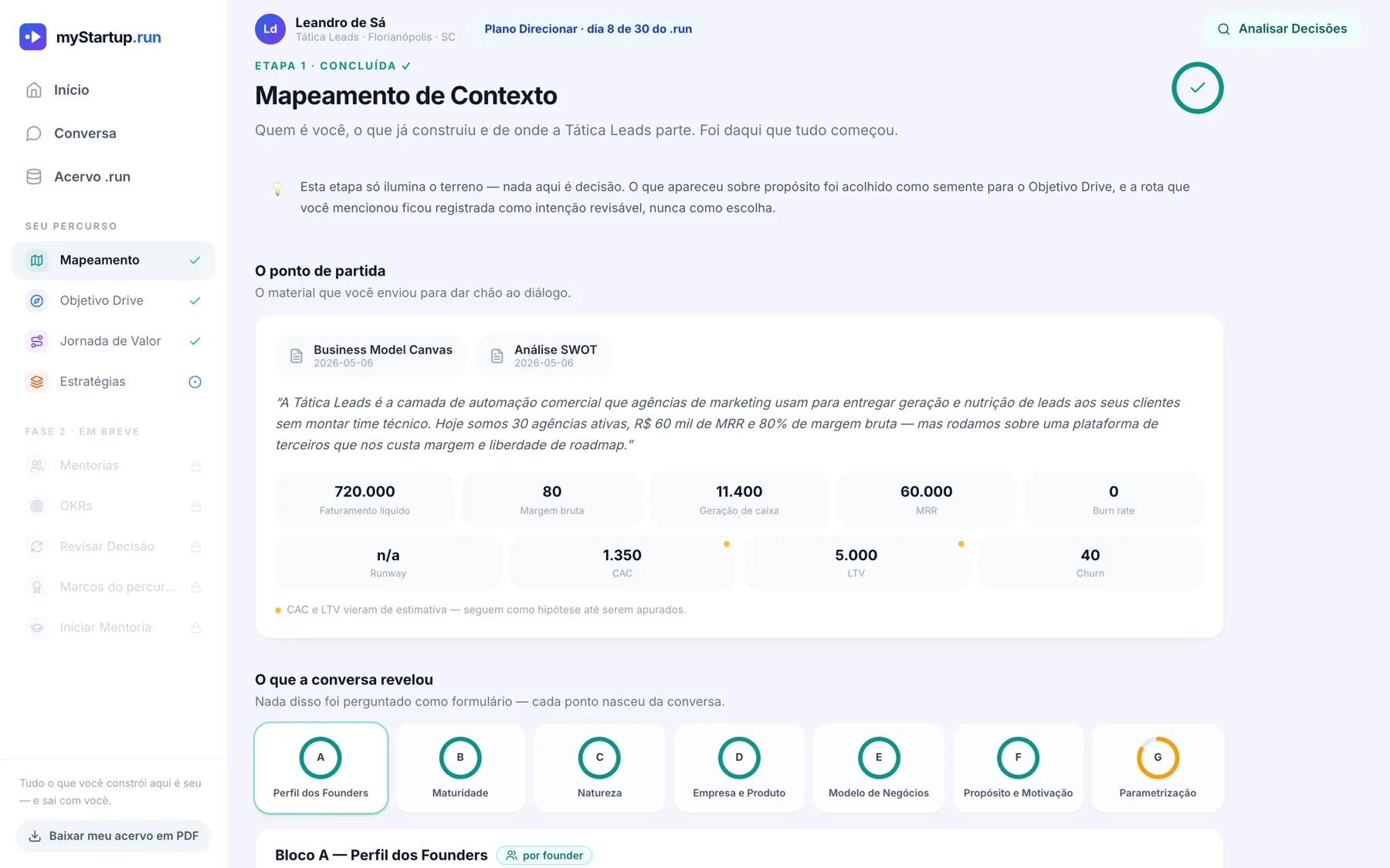 Tela de Mapeamento de Contexto com indicadores da startup e os 7 blocos