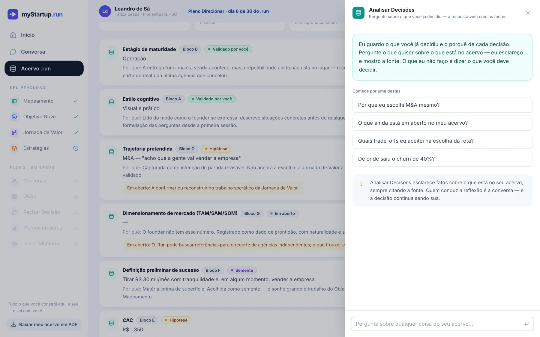 Acervo .run com o painel Analisar Decisões aberto